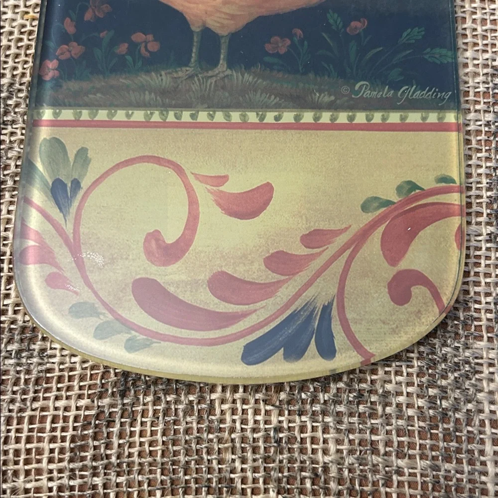 Francesco Rooster Glass Cutting Board w/ Knife Cheese Bread Mat